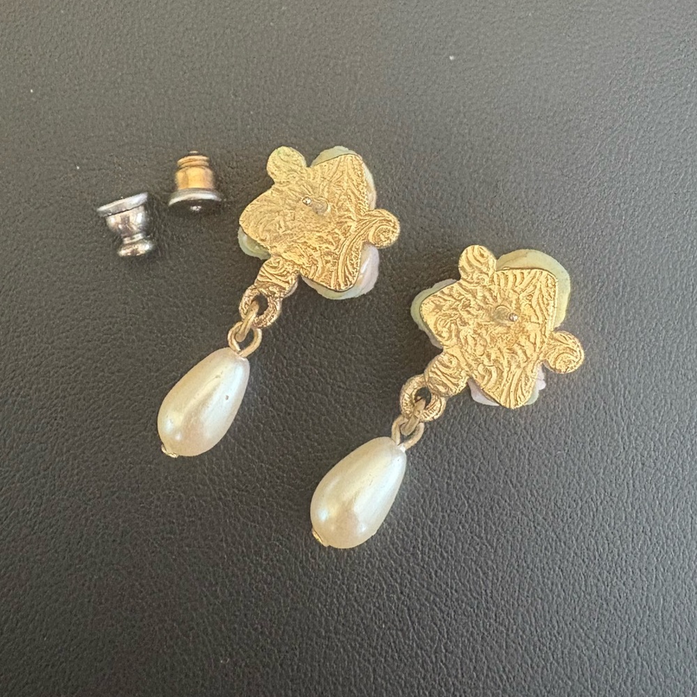 1928 pink porcelain dangle drop earrings flowers gold toned faux pearls - Picture 5 of 12